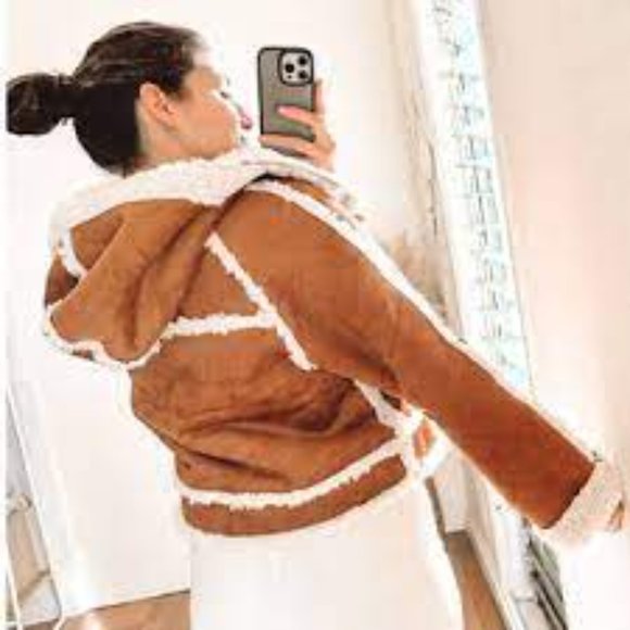FREE PEOPLE VEGAN Leather Shearling SHERPA HOODED Jacket - Picture 8 of 13